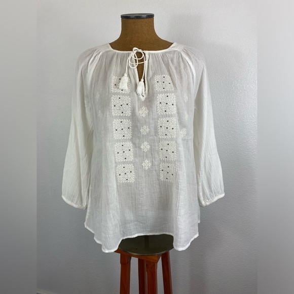 Joie Womens Peasant Blouse White Embroidered Embellished In Sequence M Tie Neck - Picture 15 of 15